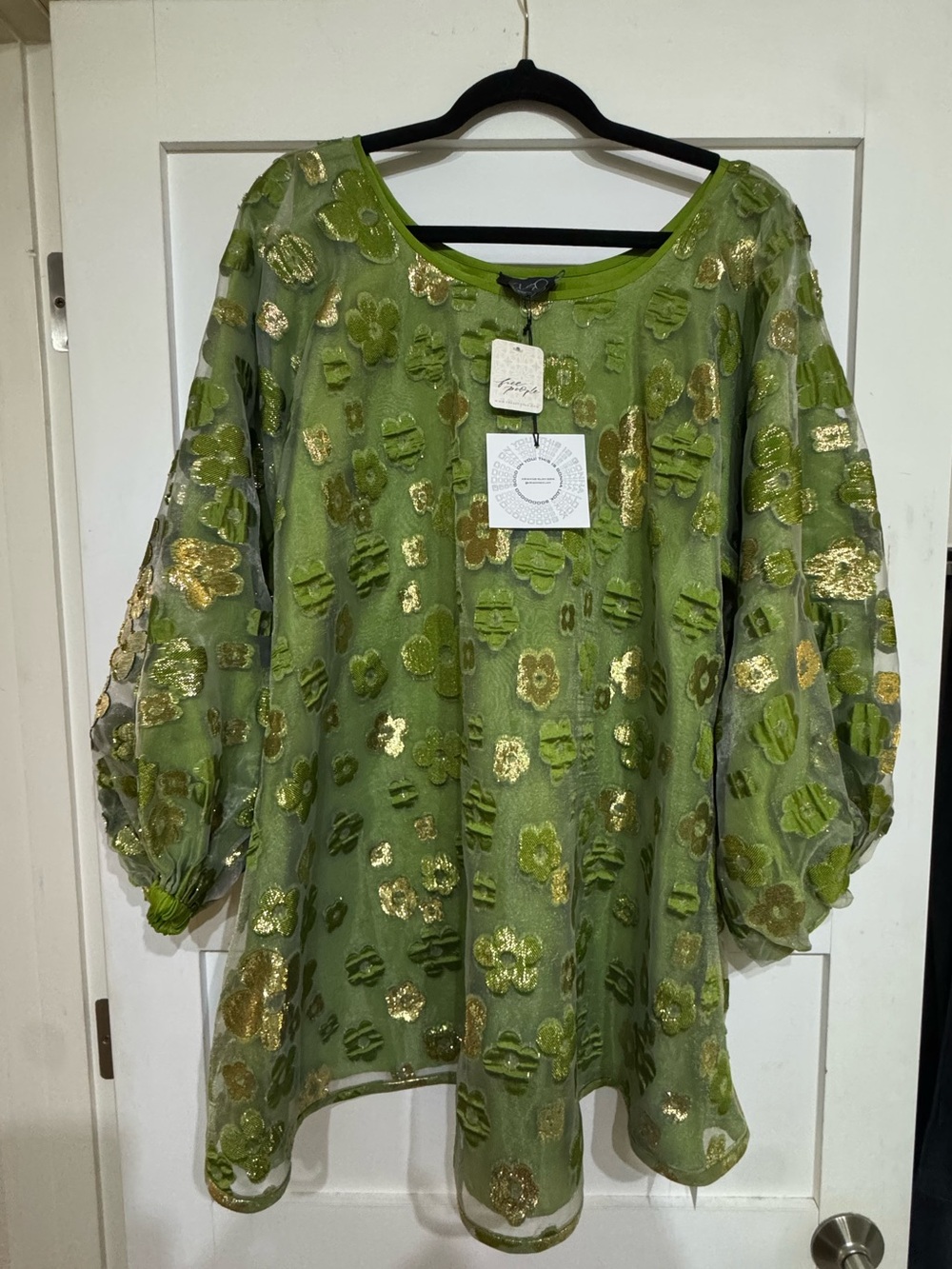 Arianne Olive Green Sheer Tunic with Gold Floral Accents